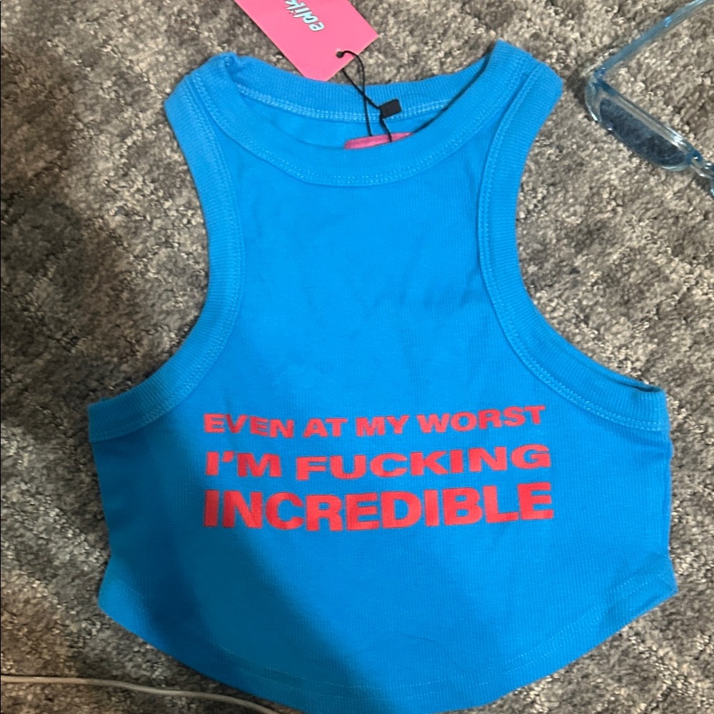 Edikted Bright Blue Cropped Tank with Bold Pink Graphic nwt small